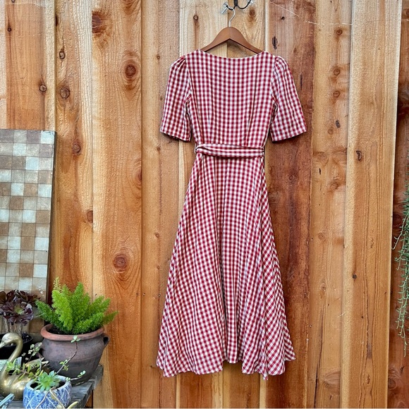 Red Gingham Plaid Button-Up Short-sleeve Midi Dress 🌿 - Picture 8 of 12